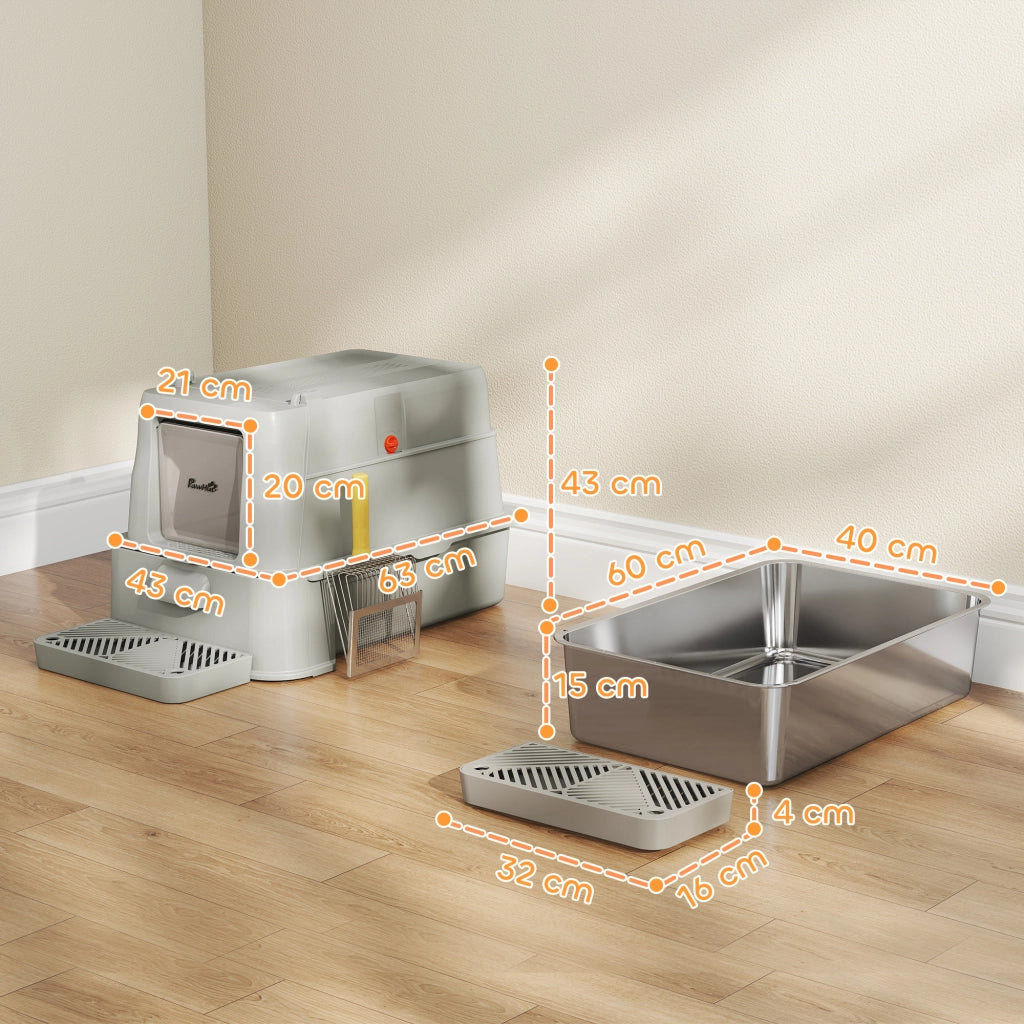 Lettiera per Gatti XL ¨C Xylo ¨C Acciaio Inox con Coperchio Ribaltabile 180¡ã Pareti Alte Grigio Chiaro