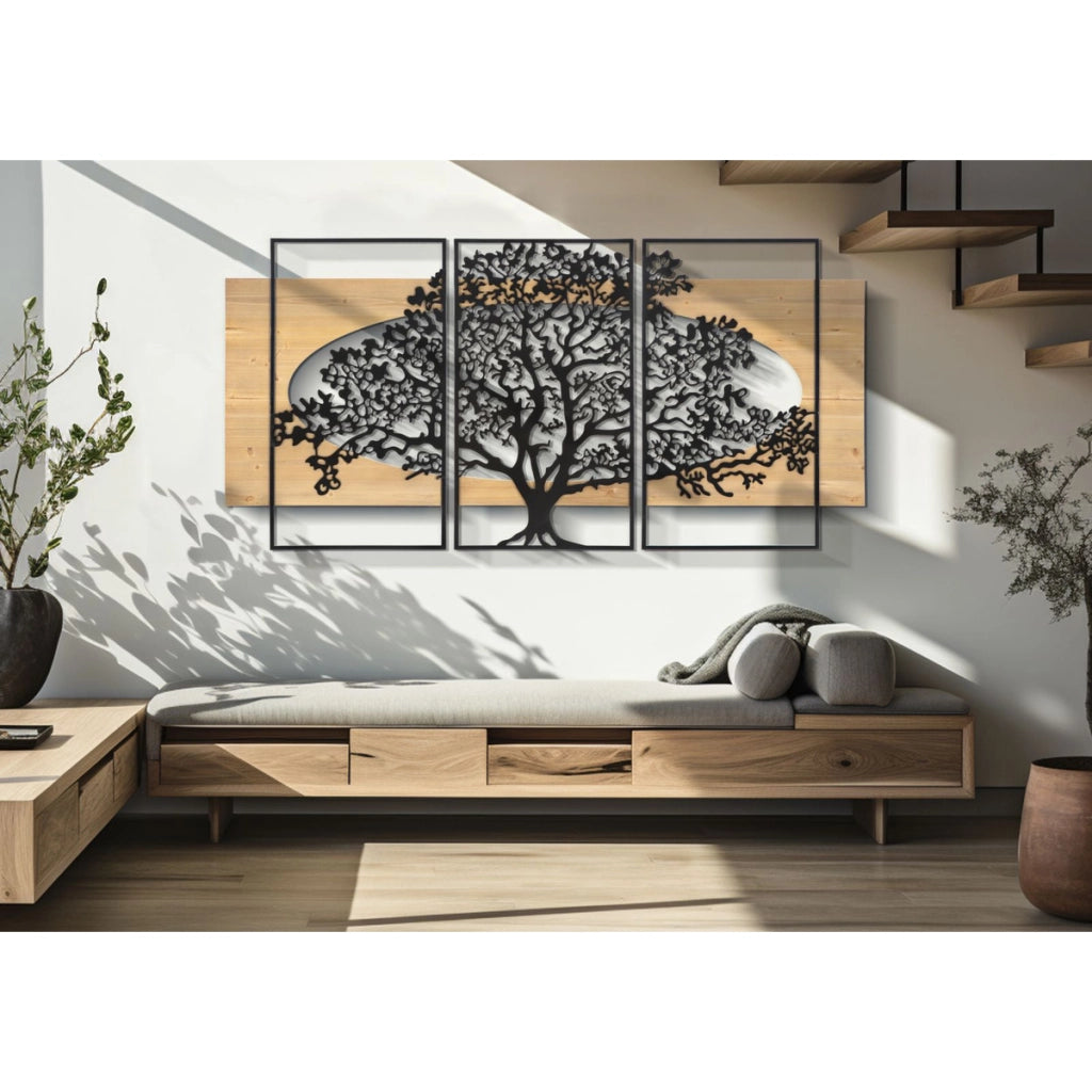 Pannello da muro Tree Albero della Vita in ferro e legno, set 3 pezzi 176x90 cm