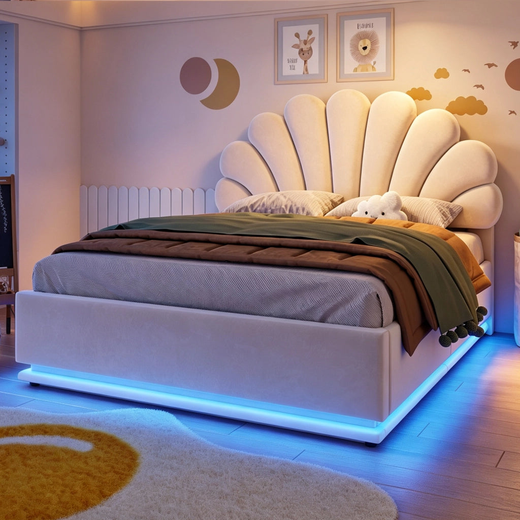 DESMIU Letto contenitore 140 × 200 cm 2 posti con vano idraulico e LED, senza materasso, in velluto, beige