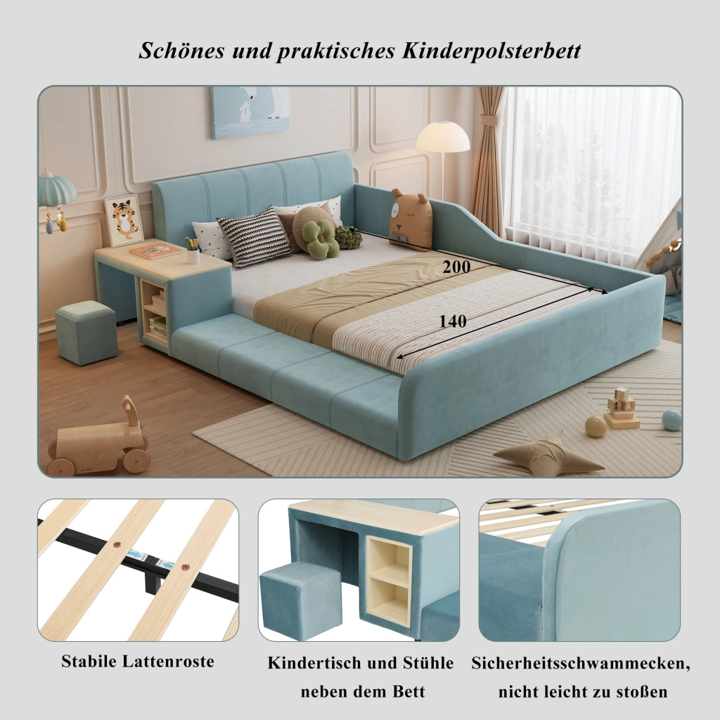 LETTO Singolo 140x200 cm in Velluto Blu con scrivania laterale e sgabello
