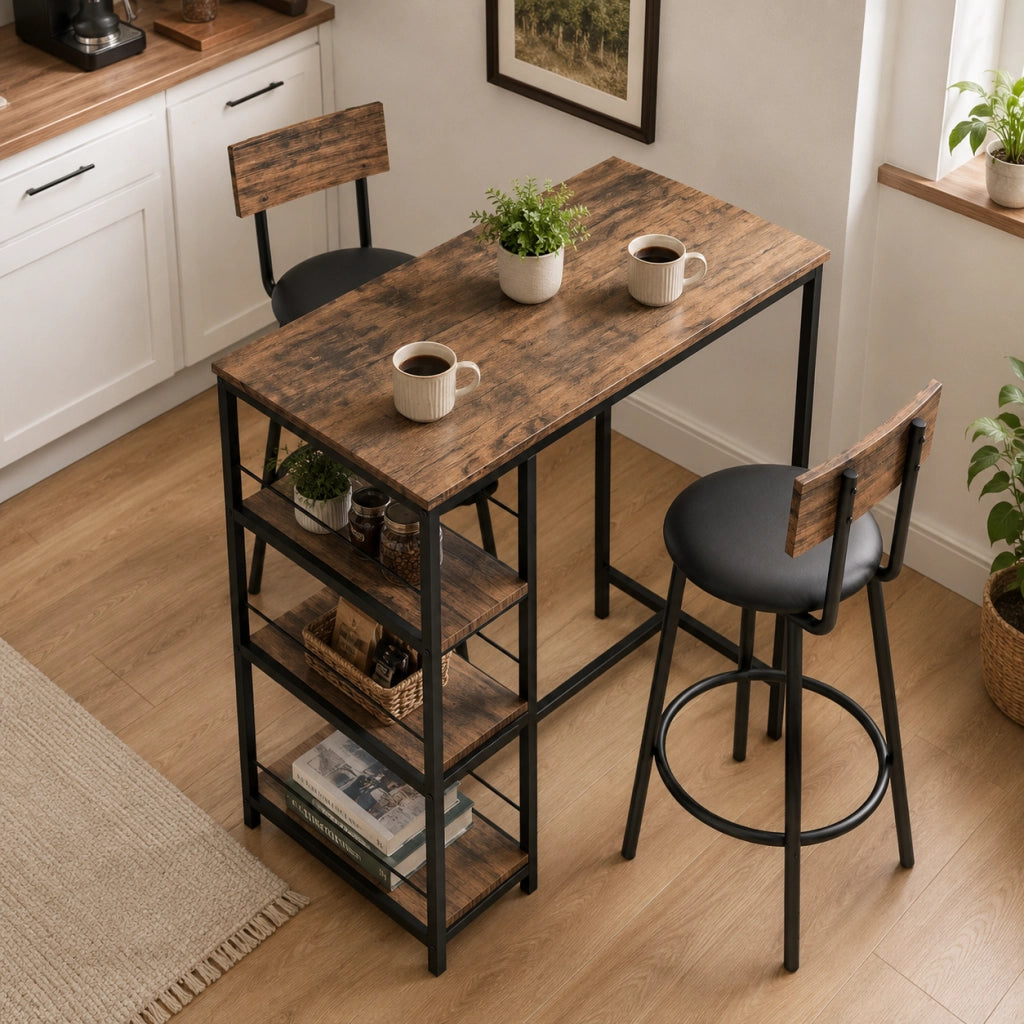 Set tavolo alto 90x50x90.5 cm con 2 sgabelli; salvaspazio; acciaio; rovere