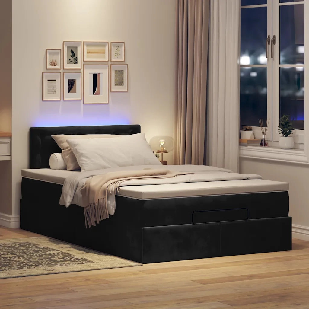 Pouf Letto con Materasso e LED Nero 120x190cm in Velluto
