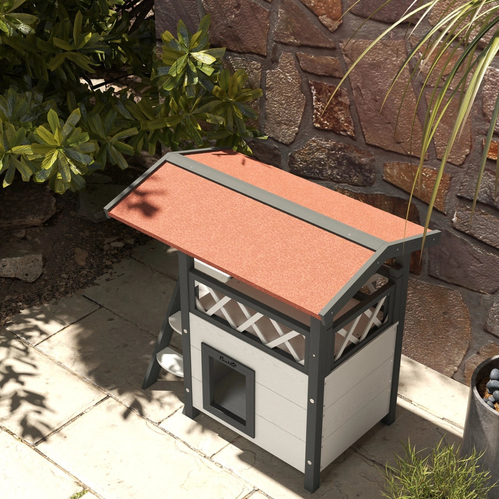 Casetta per gatti con scala e terrazza ¨C zephmum ¨C 77x50x73 cm bianco e rosso