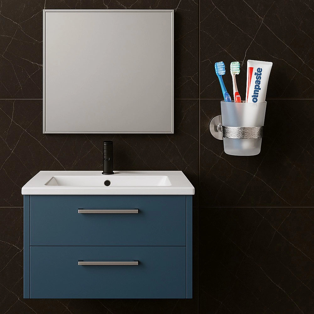 Trade Shop - Porta Spazzolini Da Denti In Acciaio Lucido Con Bicchiere Vetro Satinato Bagno 87917 -
