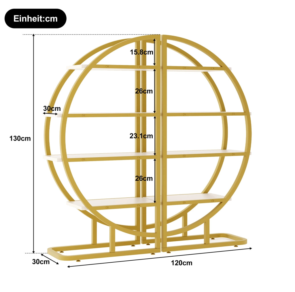 Libreria 120x30x130 cm modulare ad arco; 2 pezzi in MDF e acciaio oro e bianco