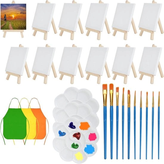 40 set di sostegni e tavolozze per bambini - 12 piccoli sostegni, 12 mini tavolozze, 10 pennelli, 3 palette di colore e 3 grembiuli per bambini