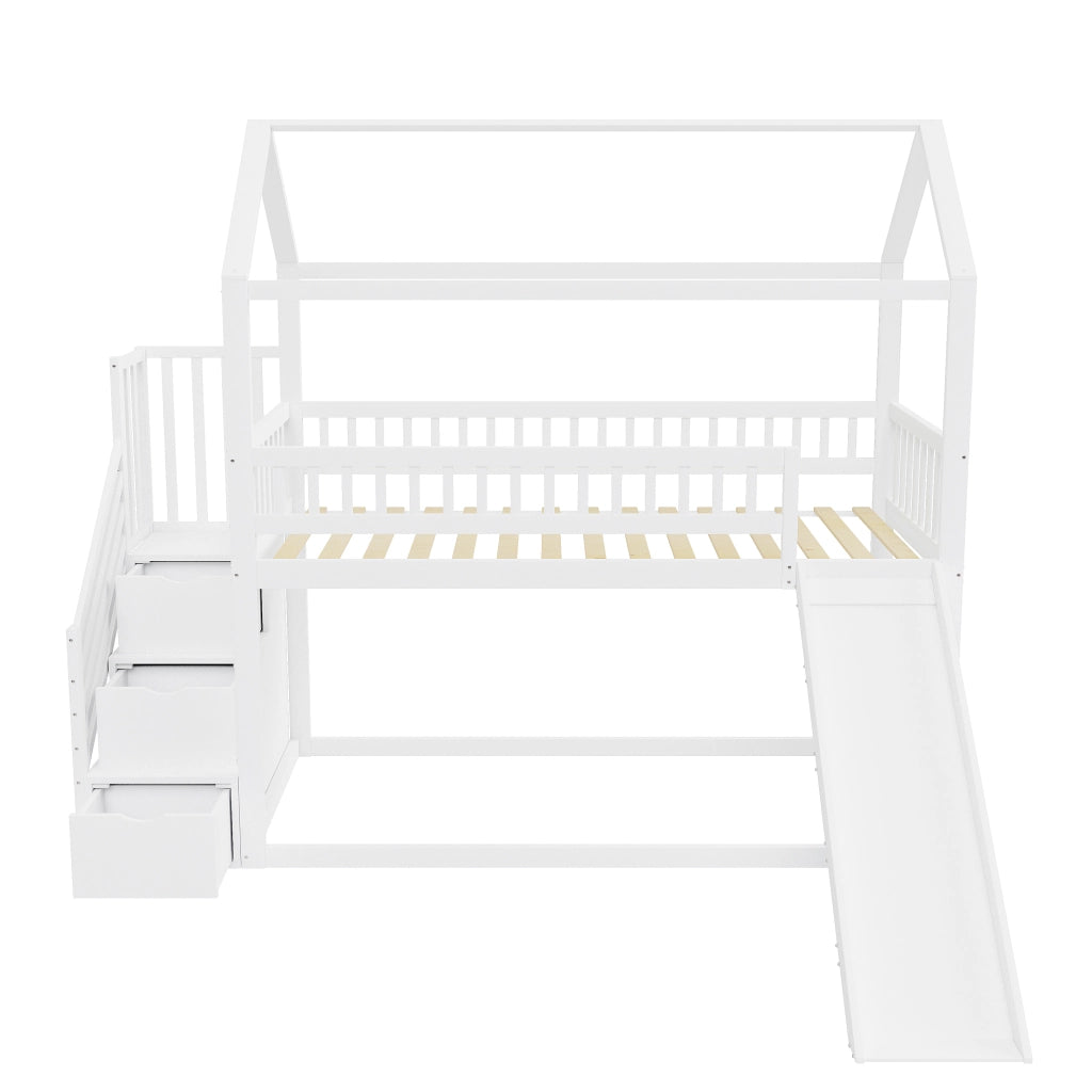 Letto a soppalco 90×200 cm; letto singolo con scivolo e scala contenitore; sponde alte; senza materasso; legno