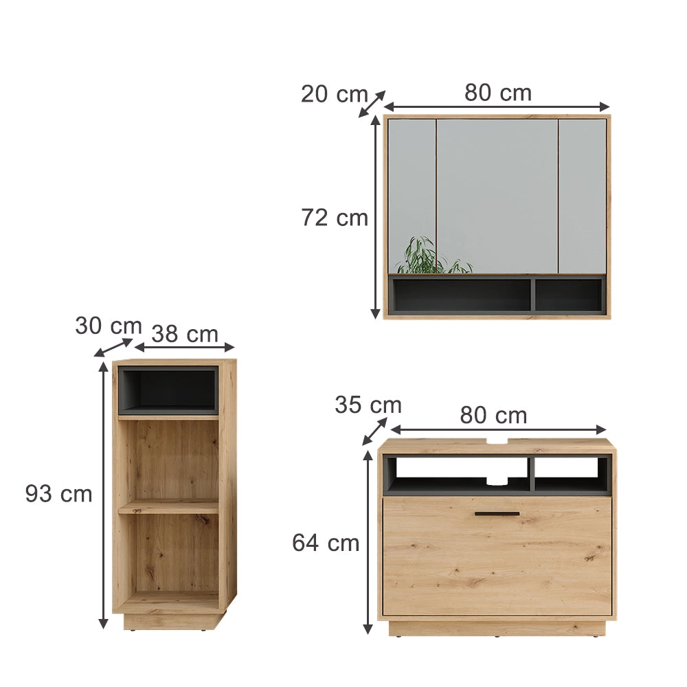 Vicco Set di mobili da bagno Rovere artigianale/antracite 3 pezzi con unità midi