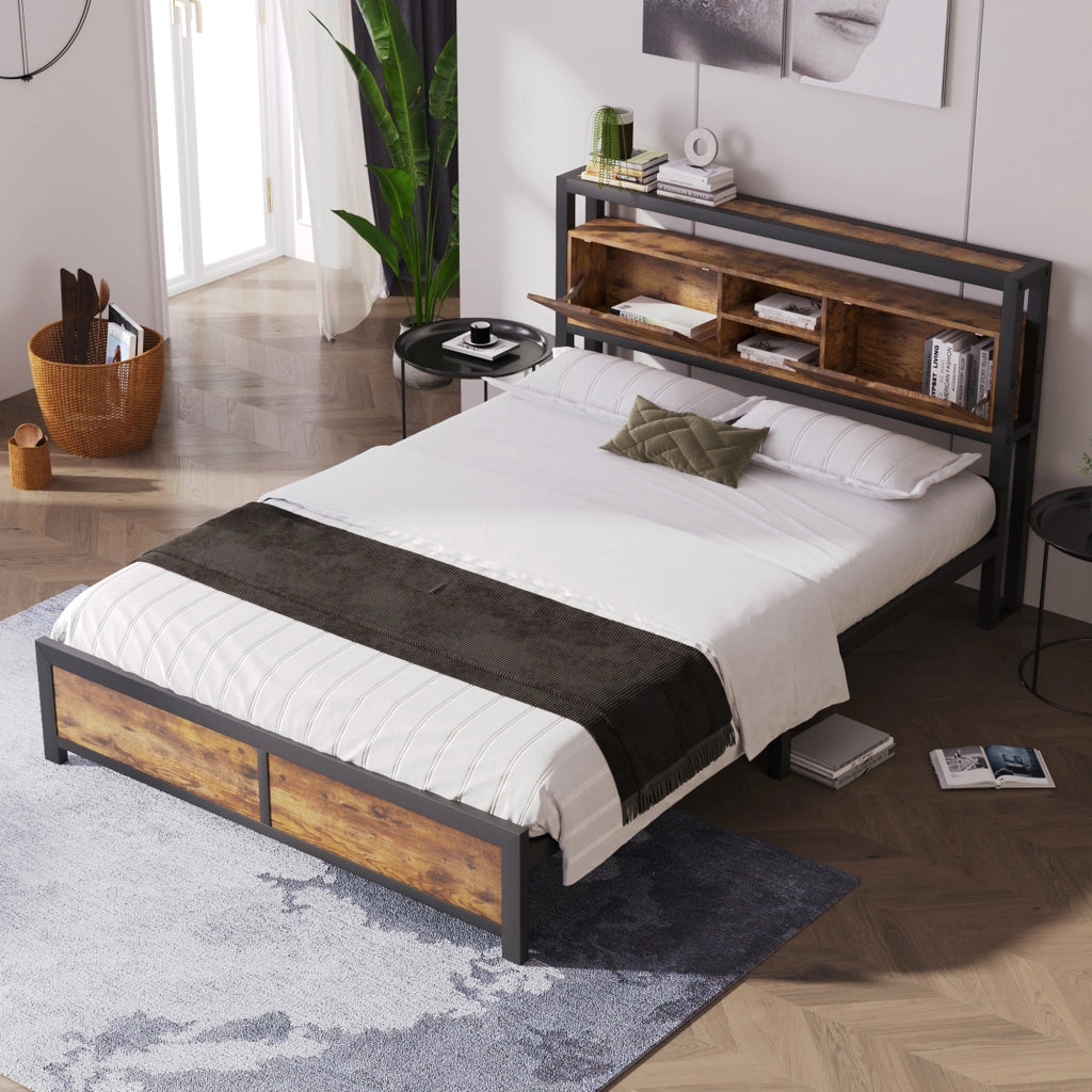 Letto matrimoniale in metallo con testiera contenitore; doghe in metallo; nero; 140x200 cm; senza materasso