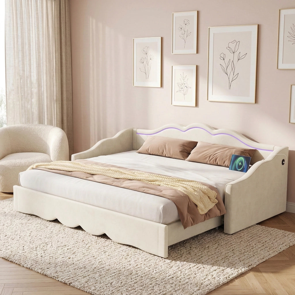 LETTO Estensibile 90x200 cm a 180x200 cm Velluto Beige con LED, USB e TYPE-C