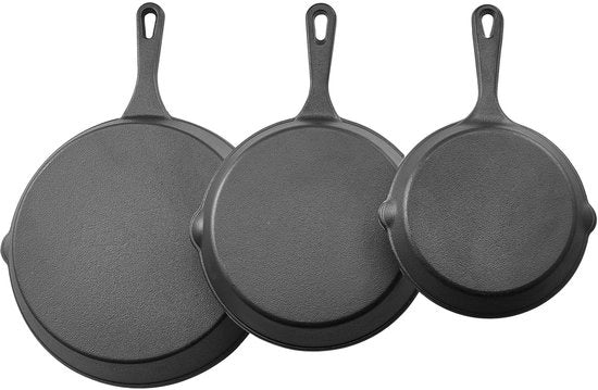 Set di padelle in ghisa, 3-delic set di padelle (160, 220, 265 mm), padelle resistenti al calore con maniglie termoresistenti, attrezzatura da cucina pre-olio per forno, stufa a gas, elettrodomestico e induzione, nero