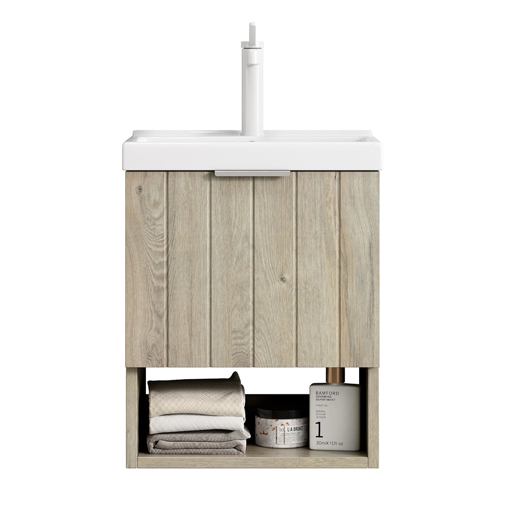Mobile bagno sospeso - Xylo - 42 cm - Bianco - Lavabo ceramica, ante doppie