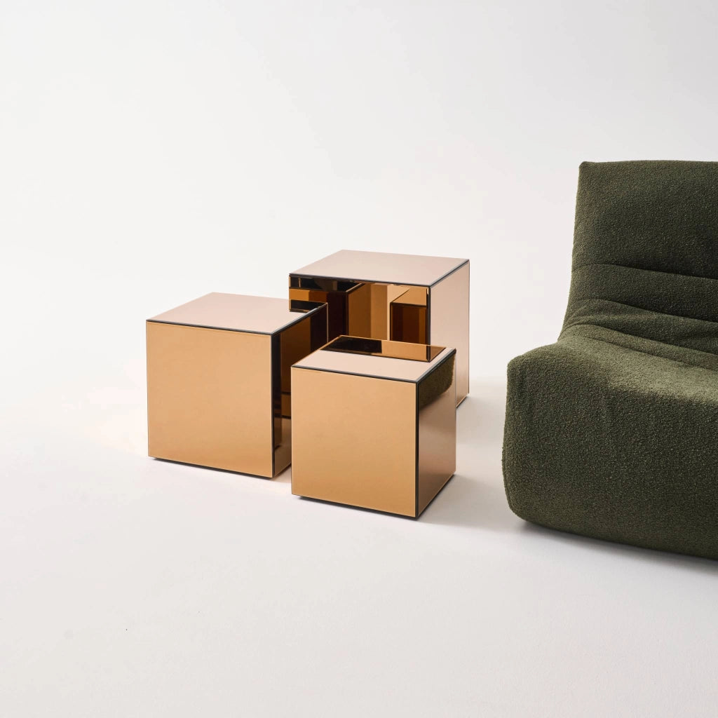 Tavolino, lato del divano, cubo a specchio 35cm, ambre