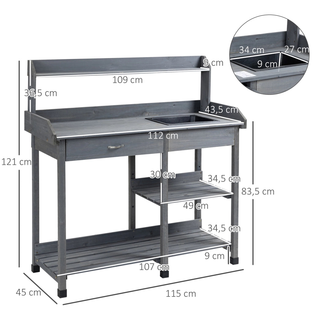 Tavolo da giardino per piante ¨C Xylo ¨C legno di pino grigio con cassetto, 3 ripiani, lavello