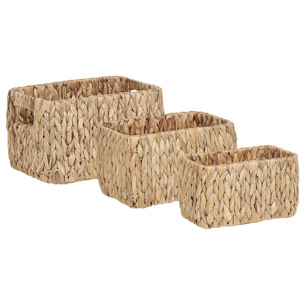 Set di 3 cestini portaoggetti in giacinto d'acqua chiaro fatti a mano maniglie scaffali design boho