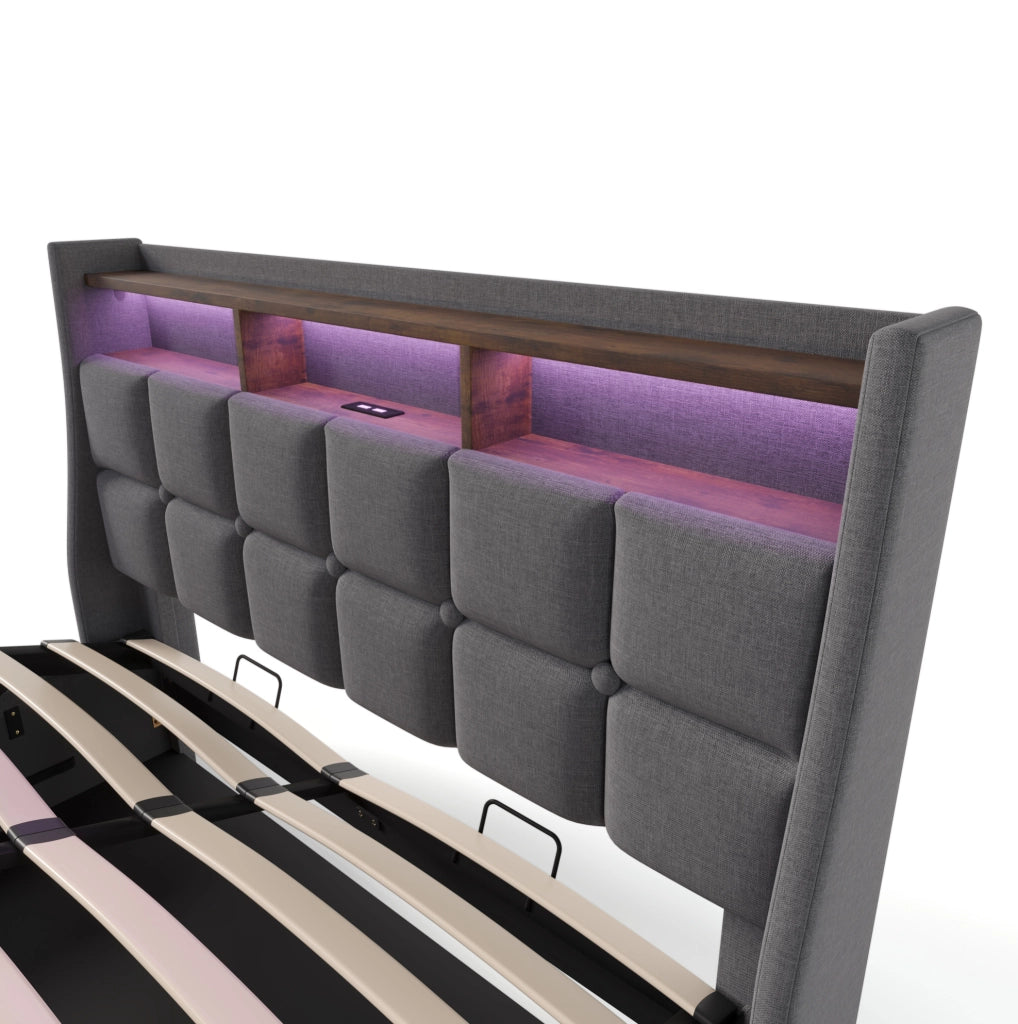 Letto imbottito 140x200 cm con LED, USB, vano contenitore e materasso incluso