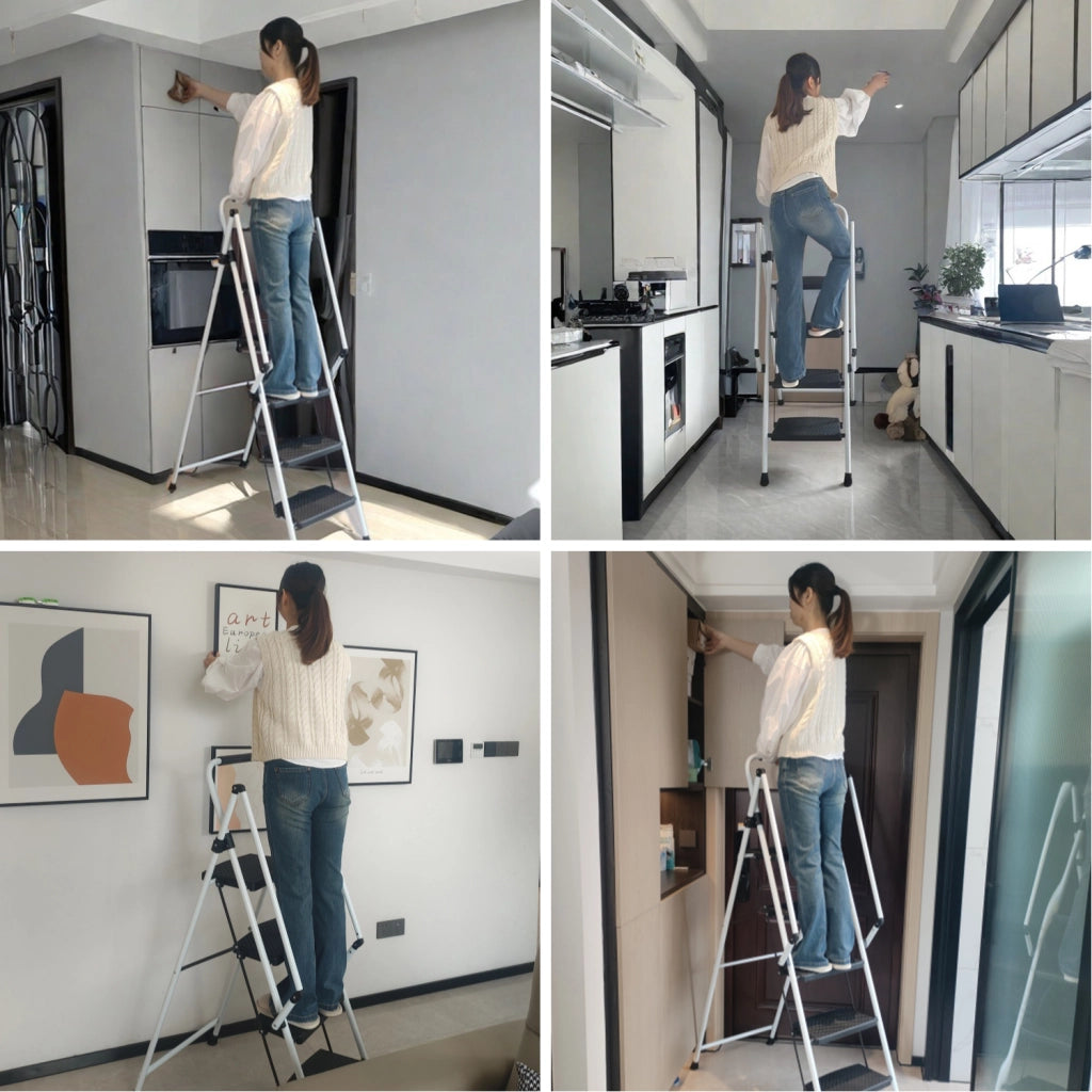 Scala, sgabello pieghevole con scala, con ampi pedali antiscivolo, scala in acciaio, con maniglia di sicurezza antiscivolo, sgabello portatile leggero