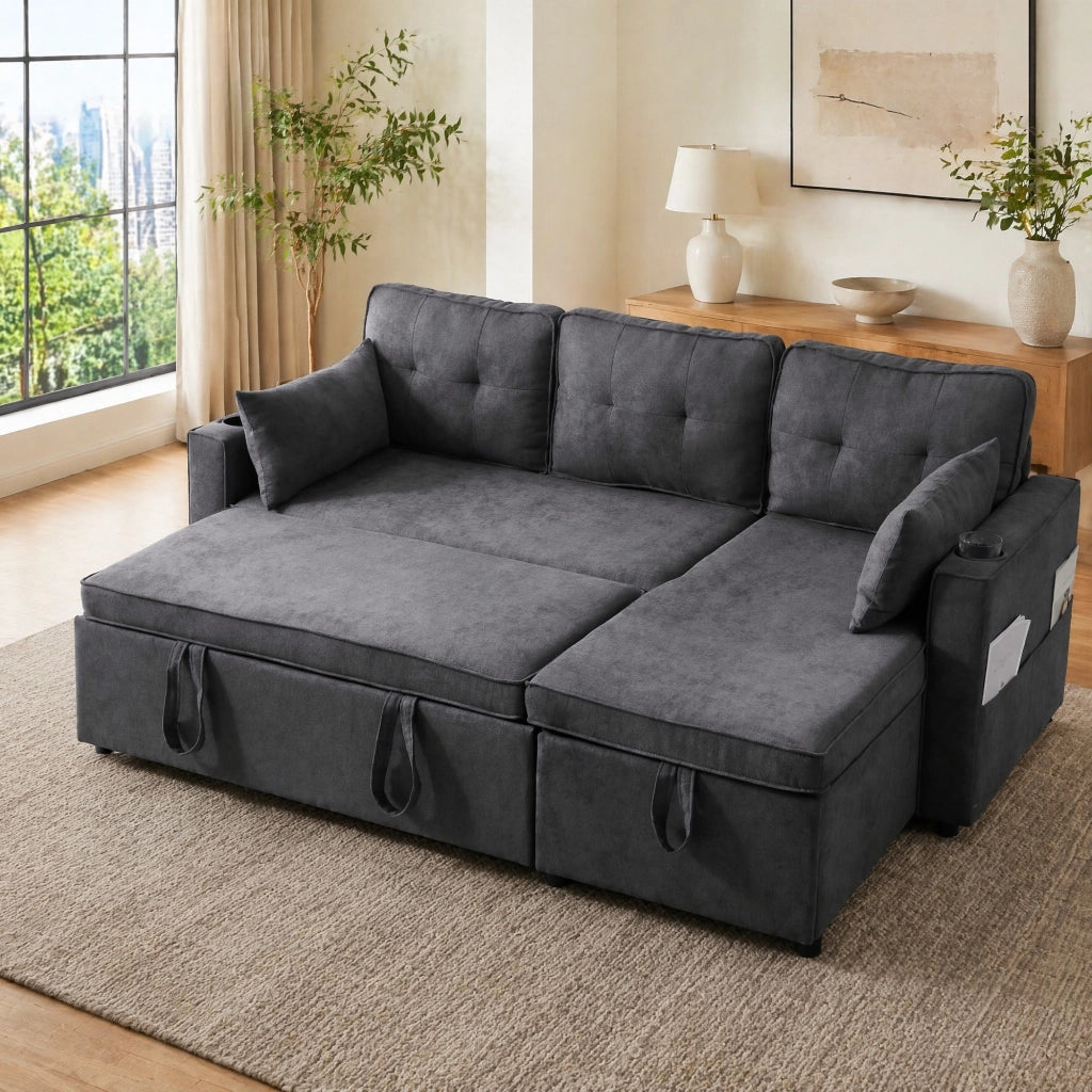 Divano Angolare Letto 3 Posti con Contenitore, Chaise Longue Reversibile, Tasche e Portabicchieri in Cotone Lino Grigio 211 × 130 × 86 cm
