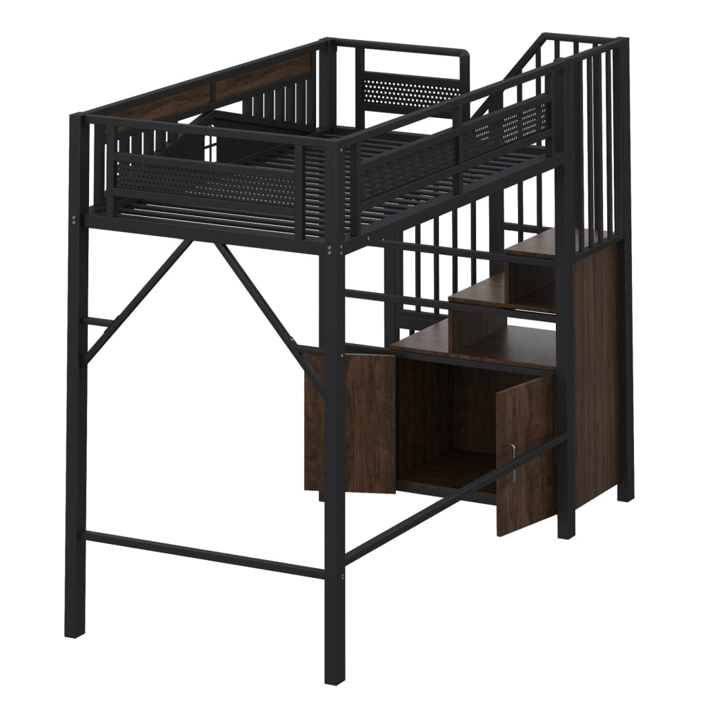 Letto a soppalco in metallo 90 x 200 cm con scala e spazio contenitivo