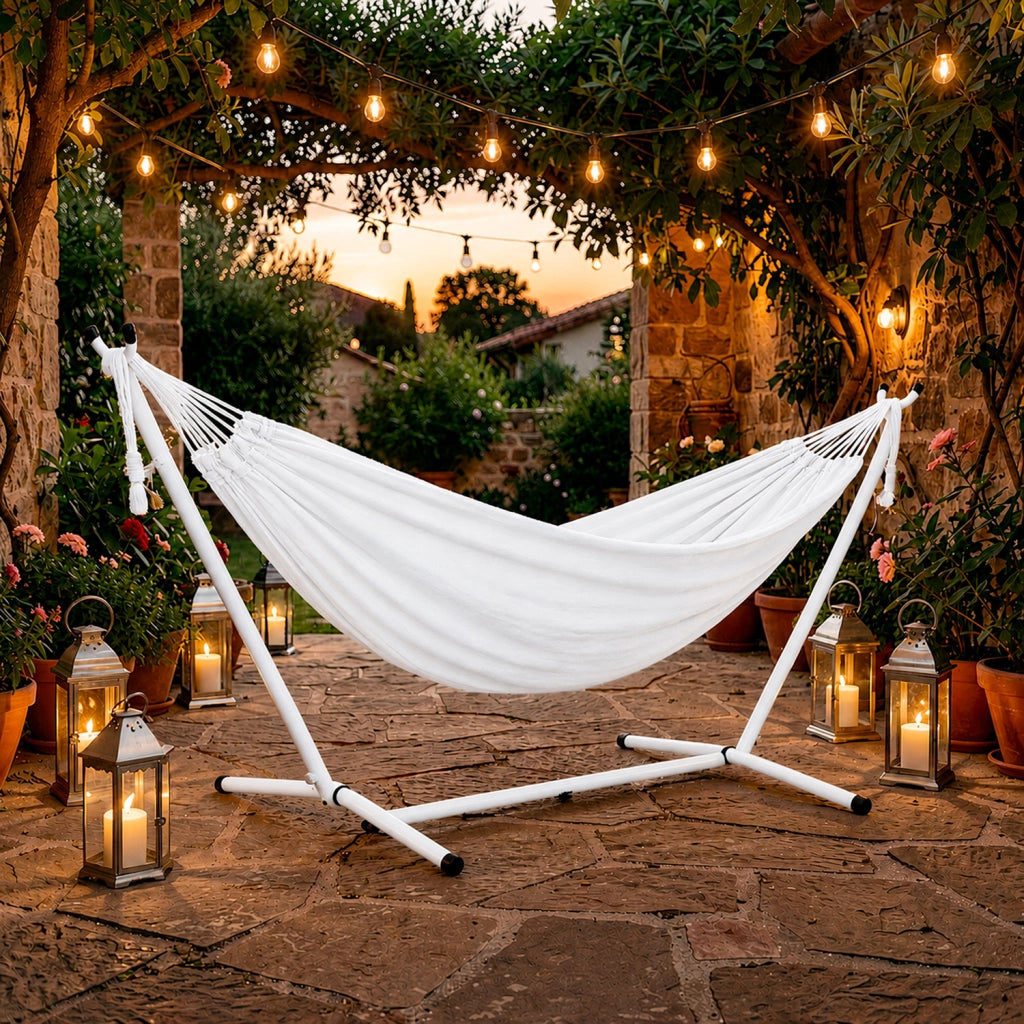 Amaca Da Giardino Con Telaio In Acciaio Portata 200 Kg Altezza Regolabile Telo Cotone Resistente Per Terrazzo Piscina Balcone Esterno Con Borsa 265 x 110 x 100 Cm Bianco