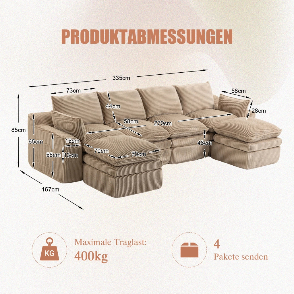 Divano Modulare 4 Posti con 2 Pouf ¨C MINIMAL ¨C Tessuto a Coste, Cuscini, Khaki
