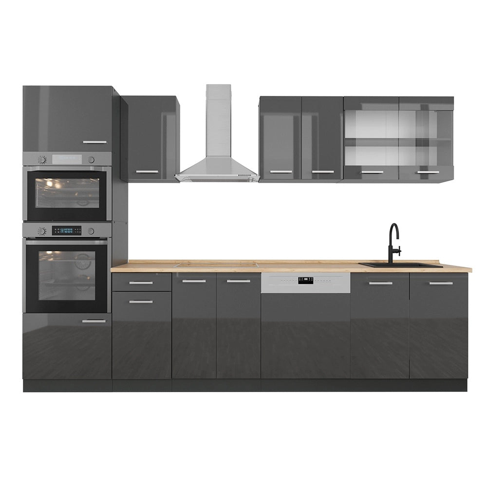 Cucina componibile R-Line Antracite lucido/Antracite 300 cm con armadio alto, PL Rovere Vicco