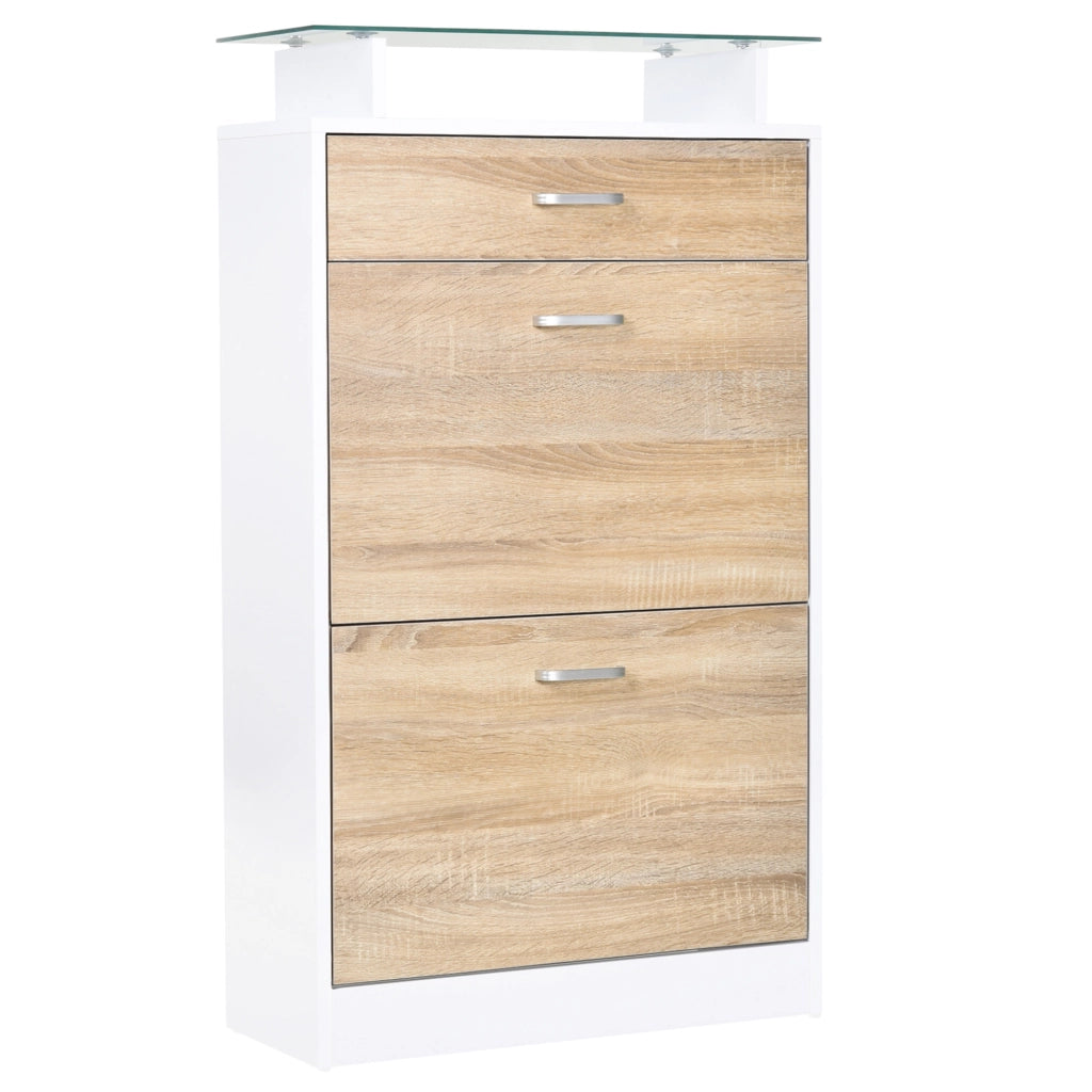 Armadio per Scarpe con 2 Ante Battenti, Cassetto e Piano in Vetro ¨C Minimal ¨C Legno Rovere Bianco 60x35x100