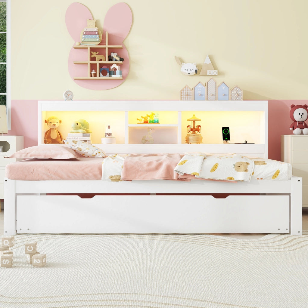 Divano letto multifunzione 90x200 cm con luce ambiente, vano laterale e letto estraibile
