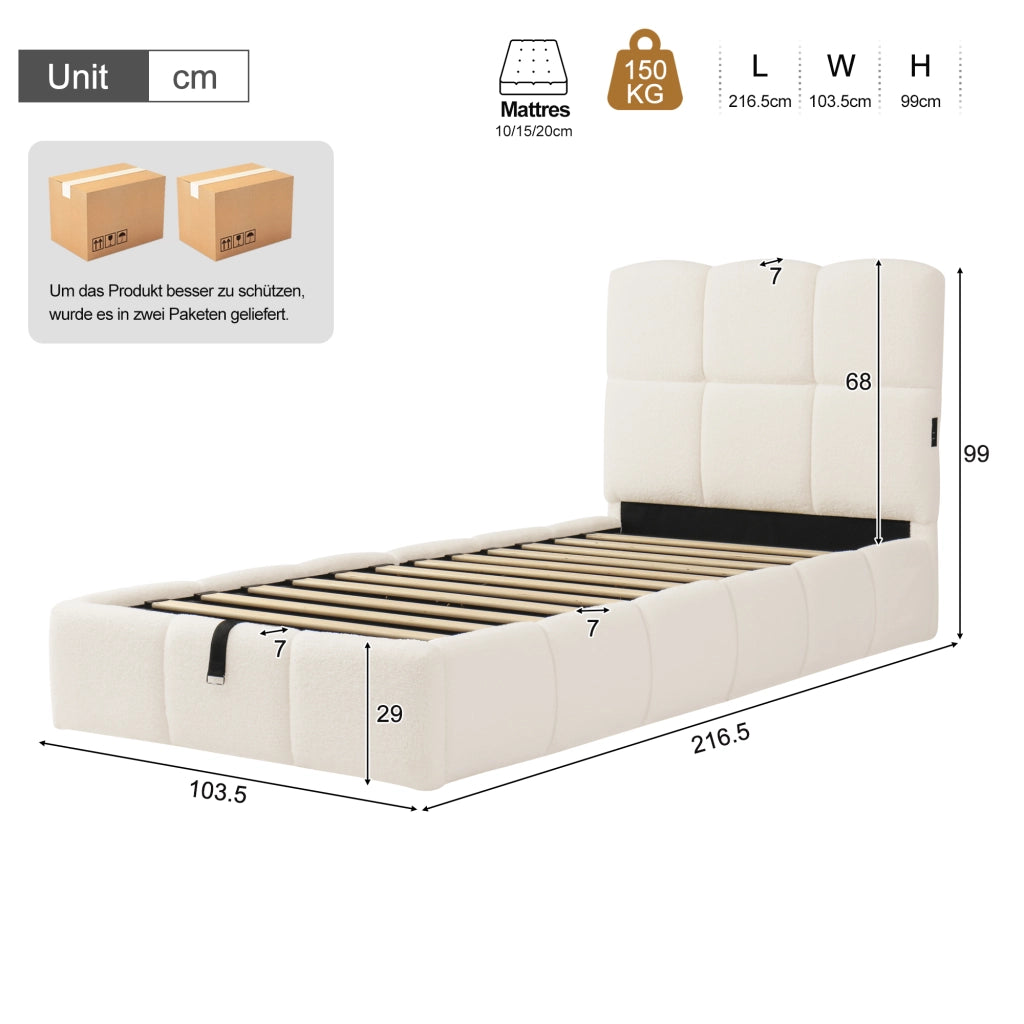 LETTO Contenitore 90x200 cm Bouclé Beige con rete a doghe e USB-C