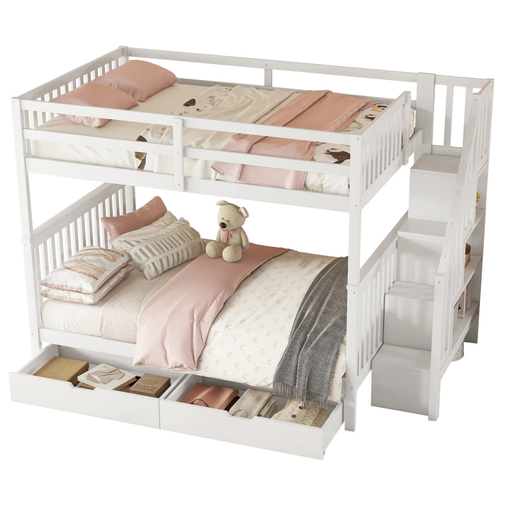 Letto a castello 140x200 cm con scala contenitore; 2 cassetti; in pino e MDF; bianco