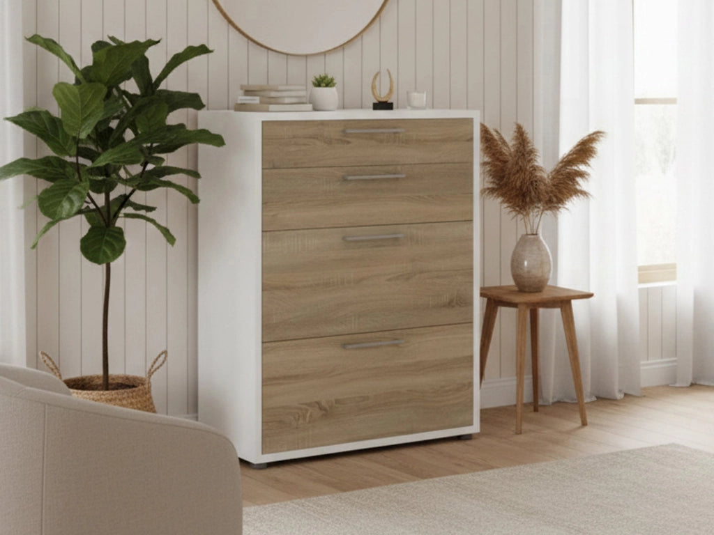 Credenza Anghiari, Buffet da soggiorno, Madia da salotto, Dispensa da cucina, 89x40 h113 cm, Bianco e Quercia