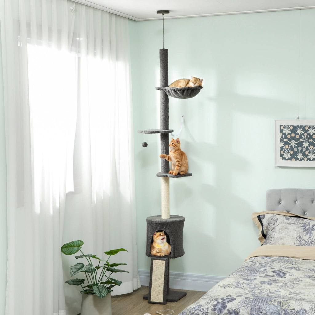 Albero per Gatti a Soffitto Alto con Casetta, Amaca e Piattaforme ¨C zephmum ¨C Grigio, 220-240 cm