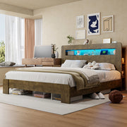 DESMIU Letto matrimoniale 180 × 200 cm con vano portaoggetti, LED e prese integrate, senza materasso, legno vintage