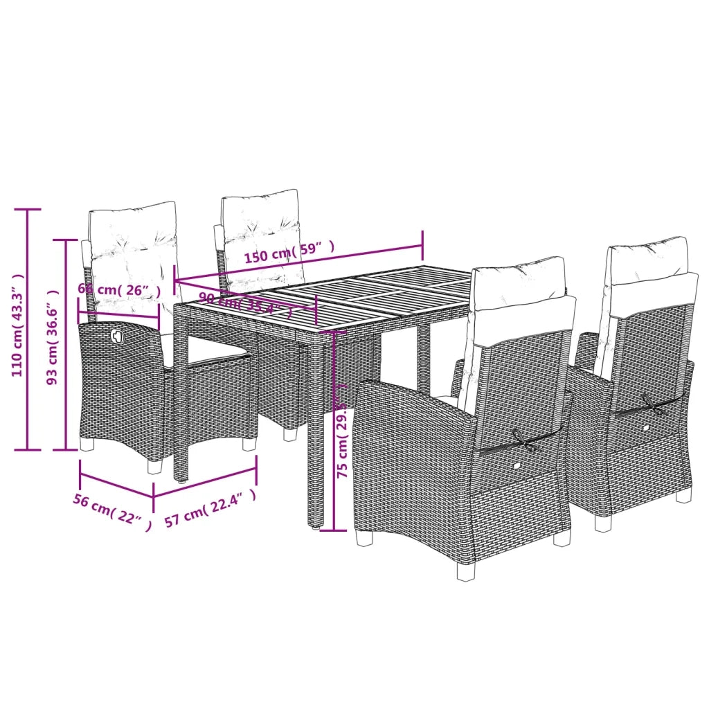 Set da Pranzo da Giardino 5 pz Nero con Cuscini in Polyrattan 3212665