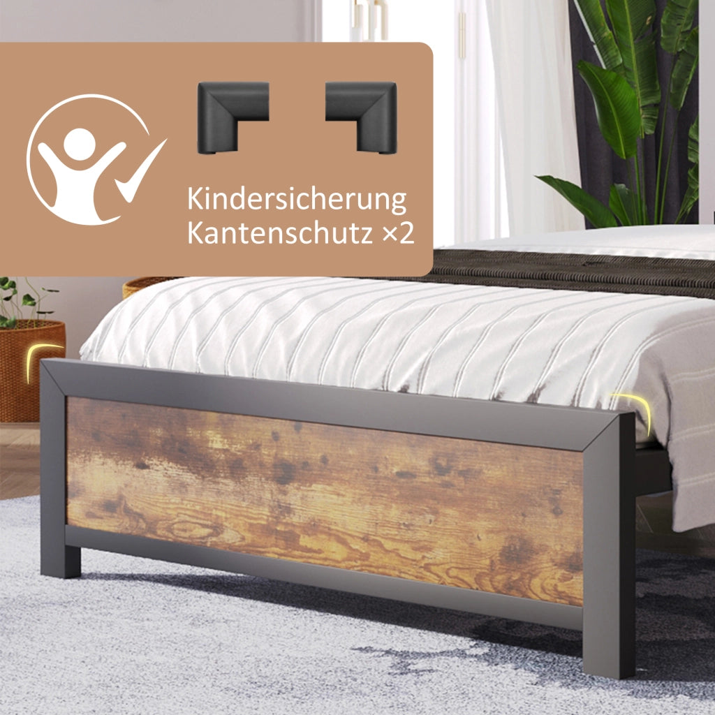 DESMIU Letto matrimoniale 140 × 200 cm con testiera portaoggetti, struttura in metallo e legno, senza materasso, naturale