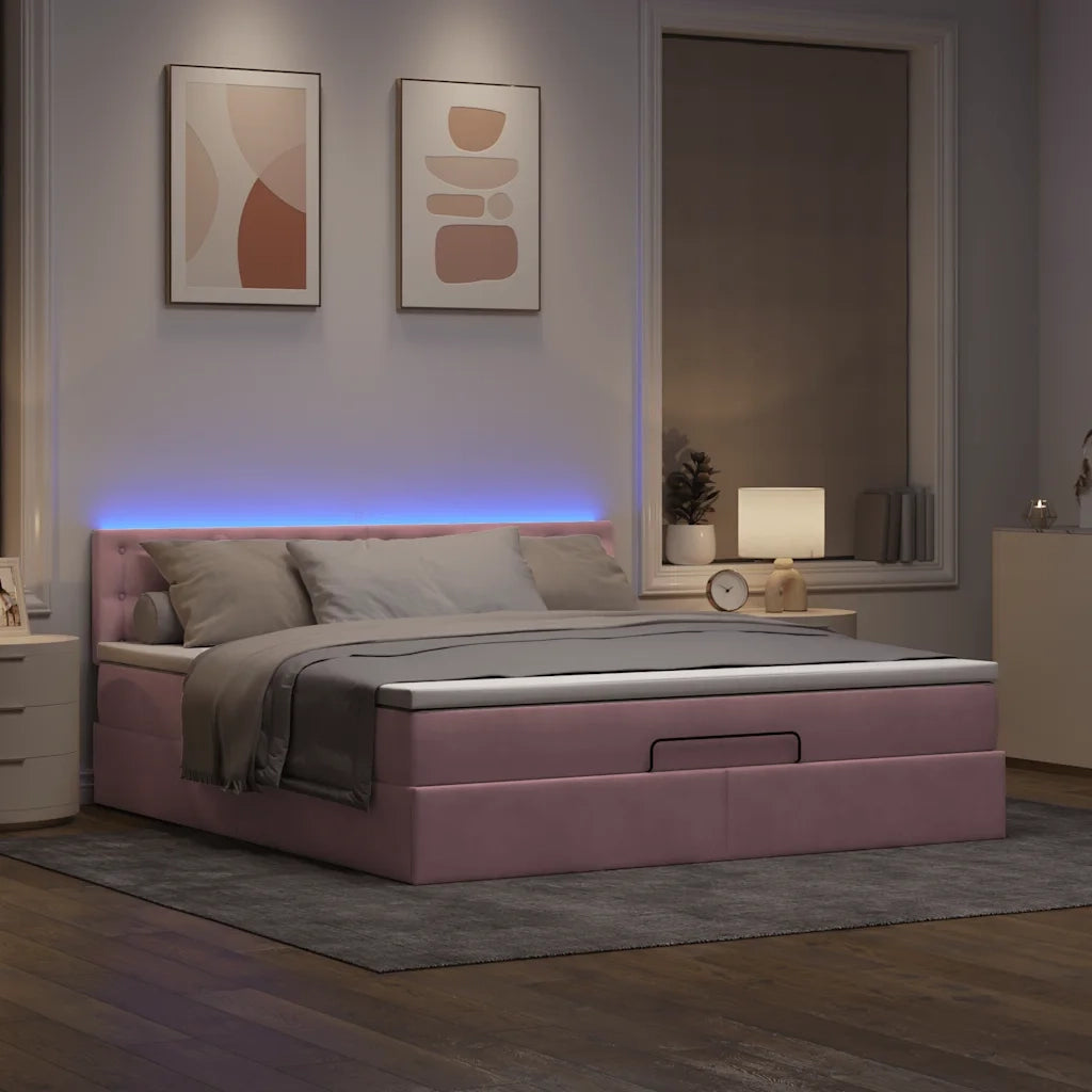 Struttura Letto Pouf con Materasso Rosa 160x200 cm in Velluto 3312781