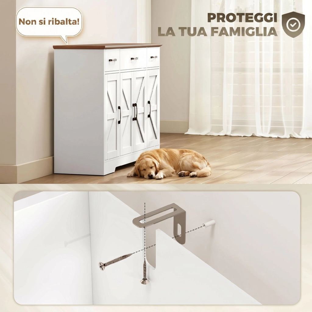 Credenza da Cucina Stile Rustico 120x38x87 cm con Ante Soft-Close 3 Cassetti 3 Ripiani Regolabili Portaspezie in MDF
