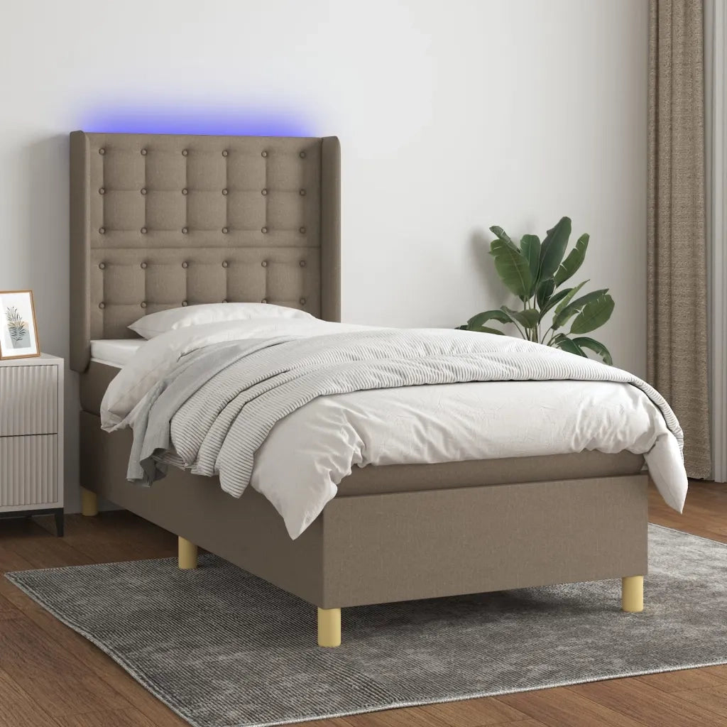 Letto a Molle con Materasso e LED Tortora 100x200cm in Tessuto 3139177