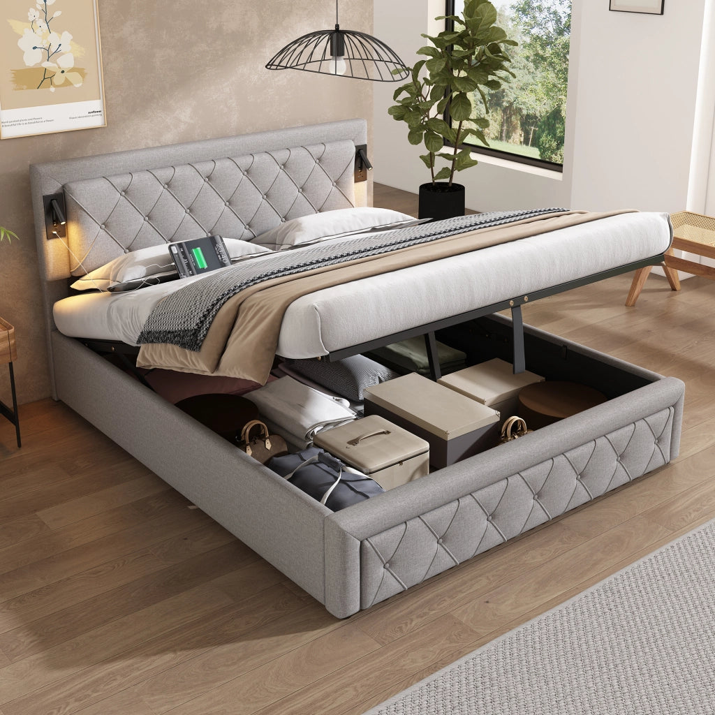 LETTO imbottito 160x200 cm in lino grigio con downlight e porte USB