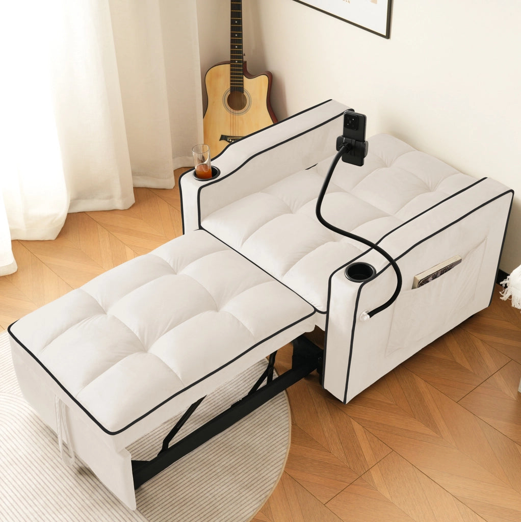Divano letto 83x167x76 cm 3 in 1 con portabicchieri e supporto per telefono in schiuma beige