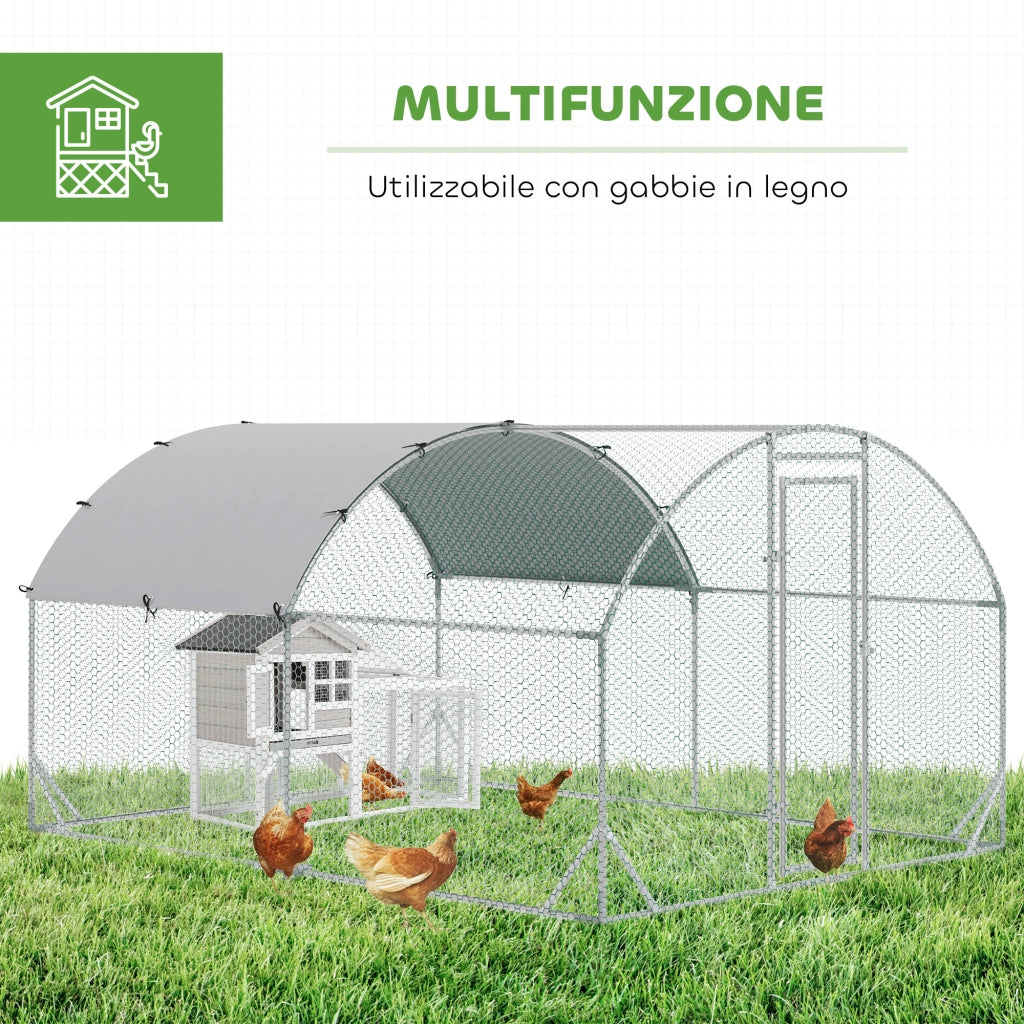 Recinto per Galline in Metallo Galvanizzato con Tetto e Copertura Anti UV, 280x380x197 cm, Argento