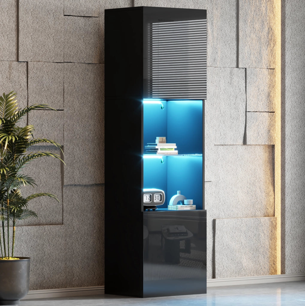 Vetrina 45x35x160 cm con LED e ripiano in vetro temperato in truciolare nero