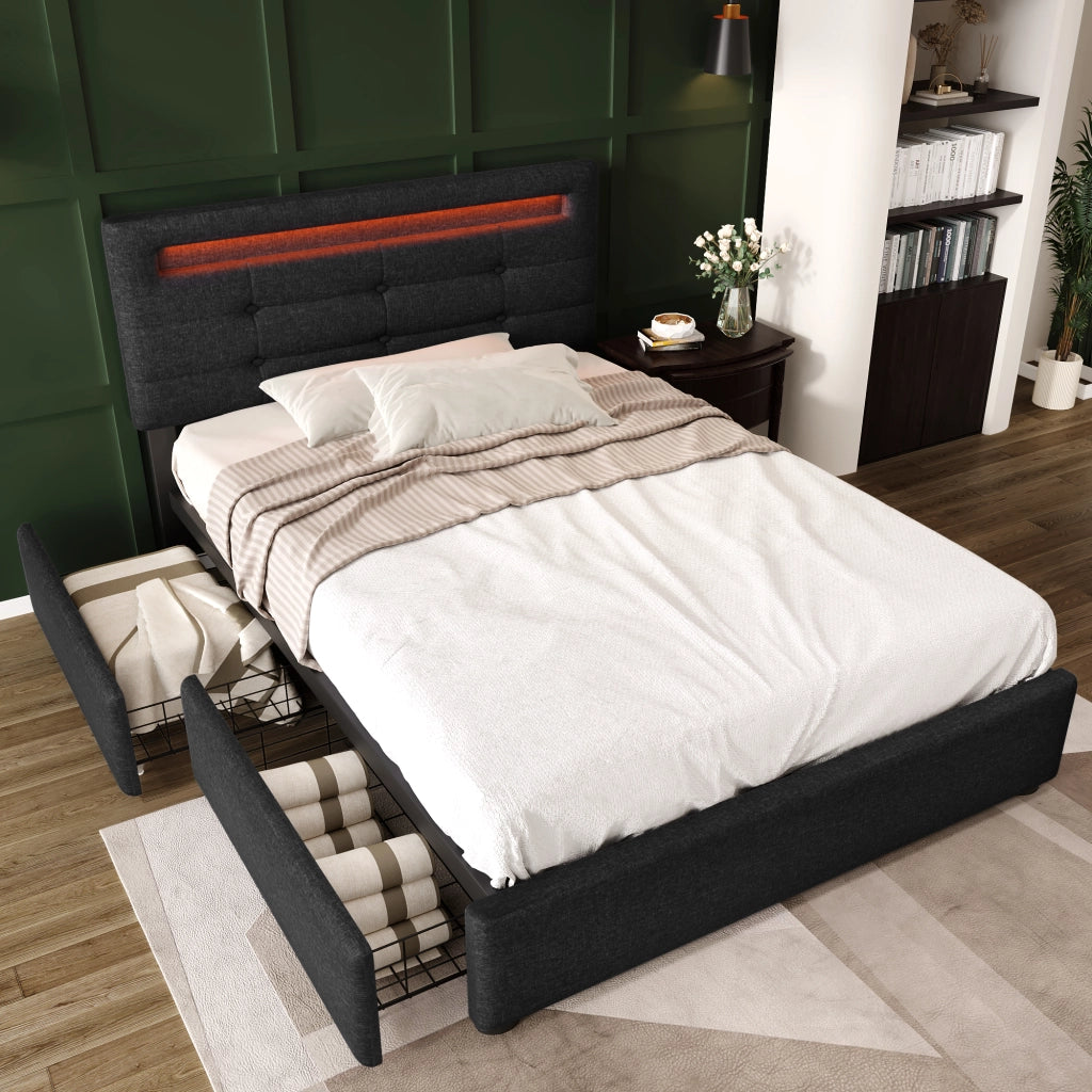 OKWISH Letto Singolo 90×200 cm con 2 Cassetti, Testiera Regolabile e LED, senza Materasso, in Lino, Nero