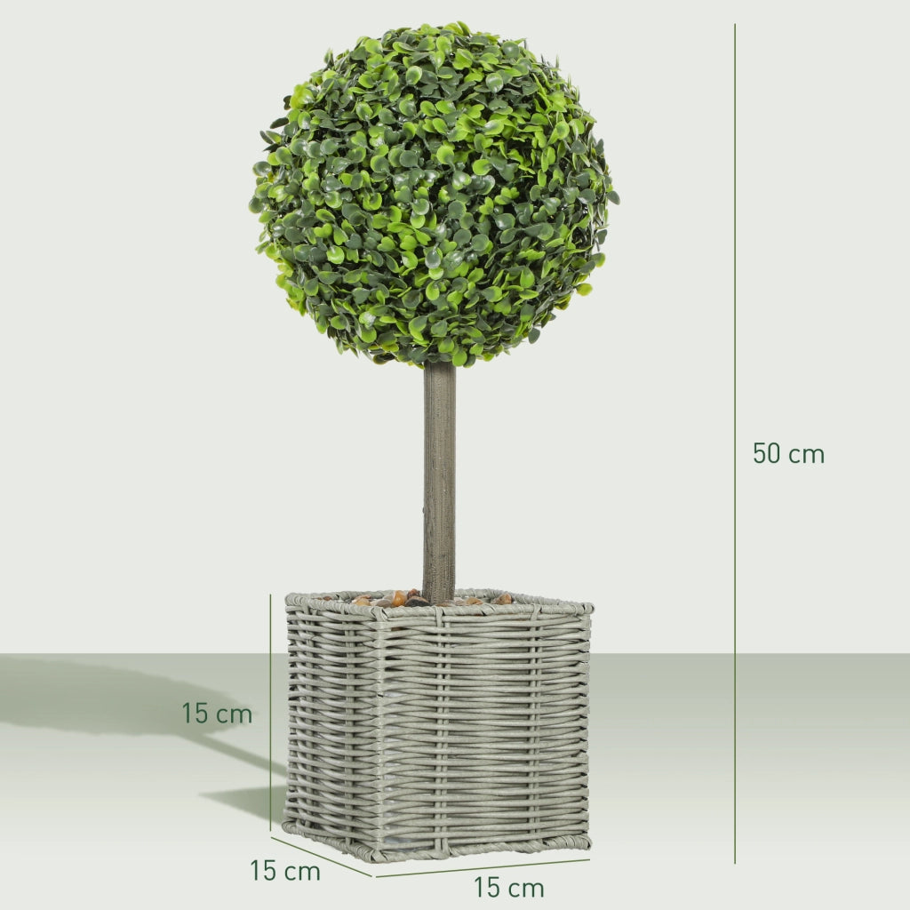 Pianta Artificiale Bosso Sferica 50cm ¨C Xylo ¨C Verde con Vaso Intrecciato e Ciottoli