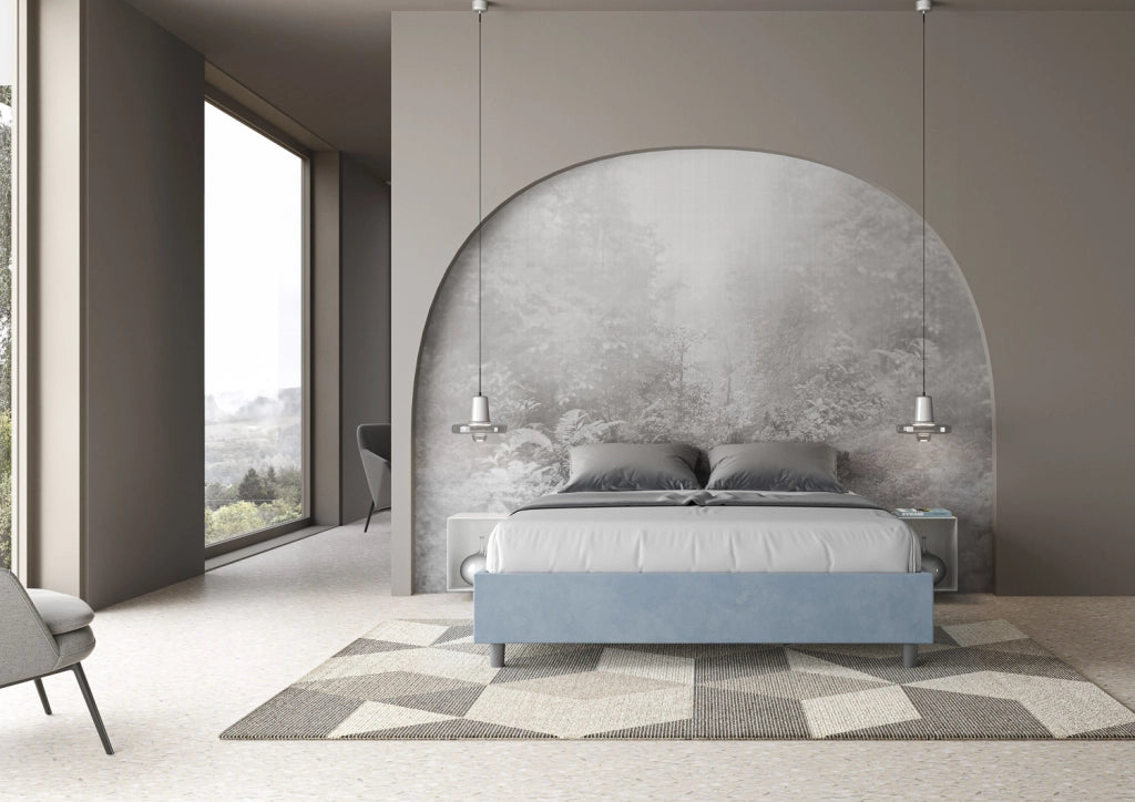 BS COM Letto matrimoniale con rete imbottito 160x190 microfibra azzurro