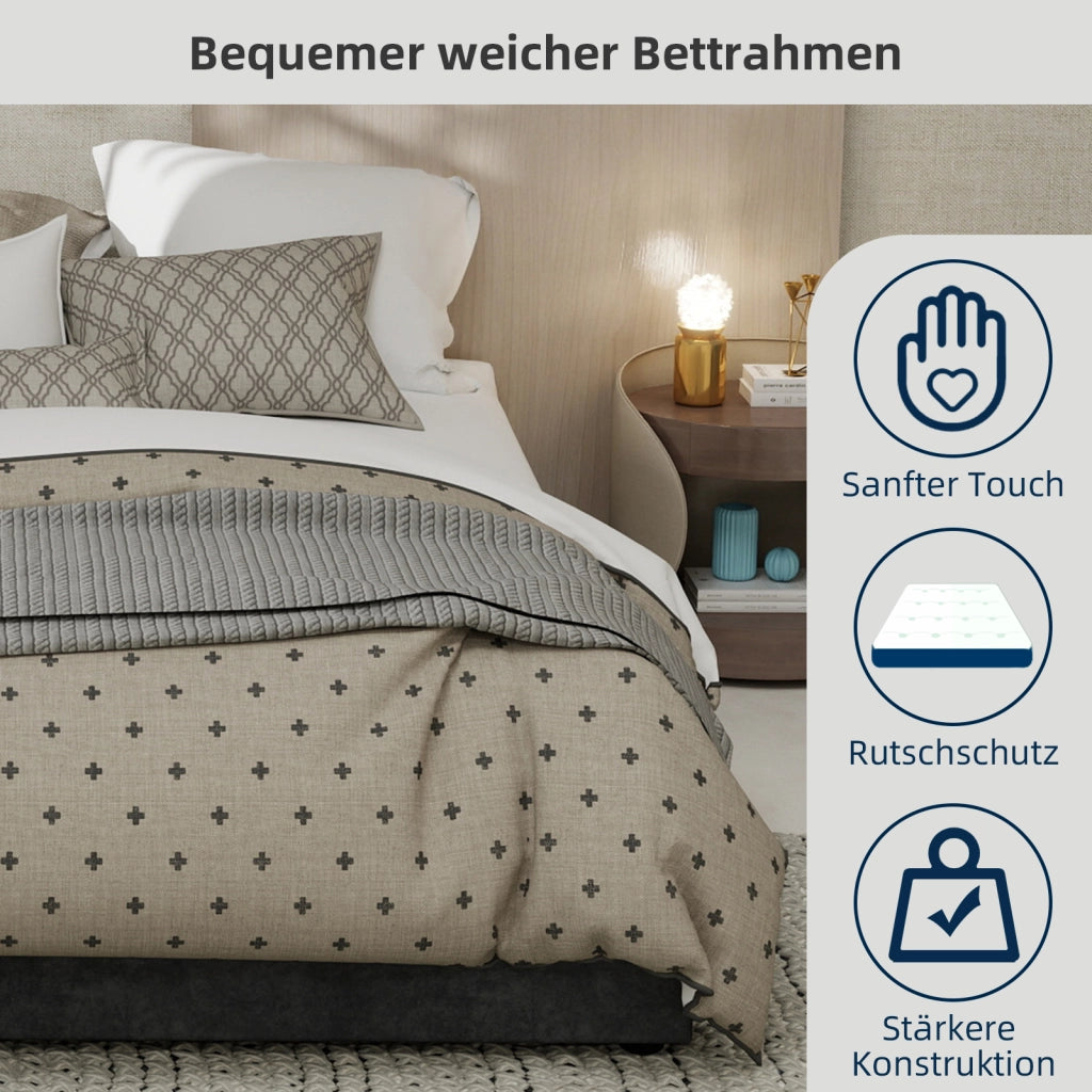 Letto matrimoniale 140 × 200 cm 2 posti con testiera imbottita, senza materasso, in tessuto e metallo, grigio