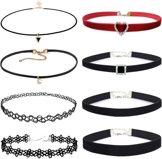 Set di Collane per Donna - Rosso Nero Velluto - Tattoo - Giornaliero e Festa - 8 pezzi