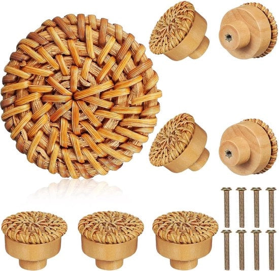 Set di 8 Pulsanti Decorativi in Legno e Rattan per Mobili