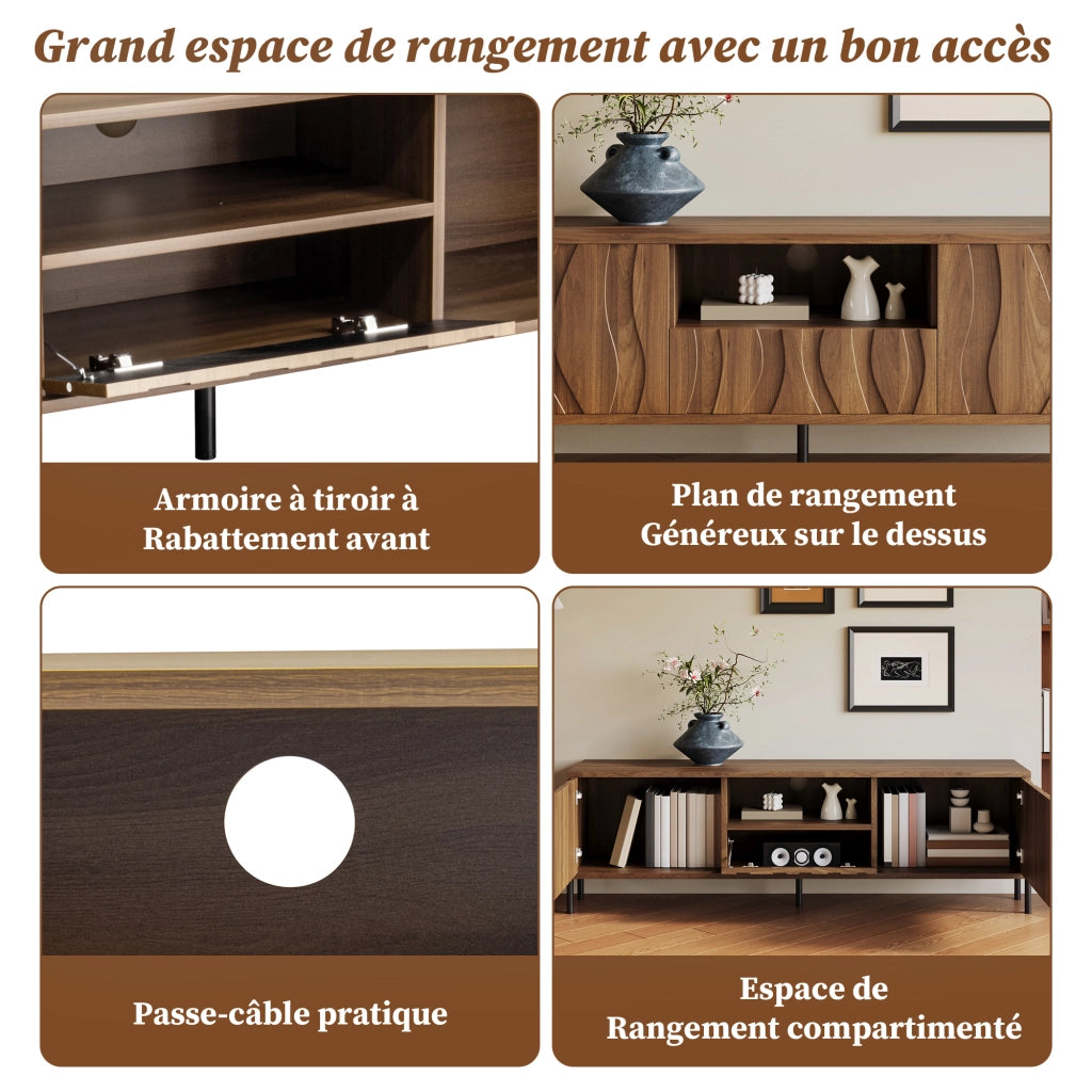 Mobile TV con ante ondulate; vano centrale e passacavi; MDF naturale; gambe in ferro 160 × 35 × 46 cm