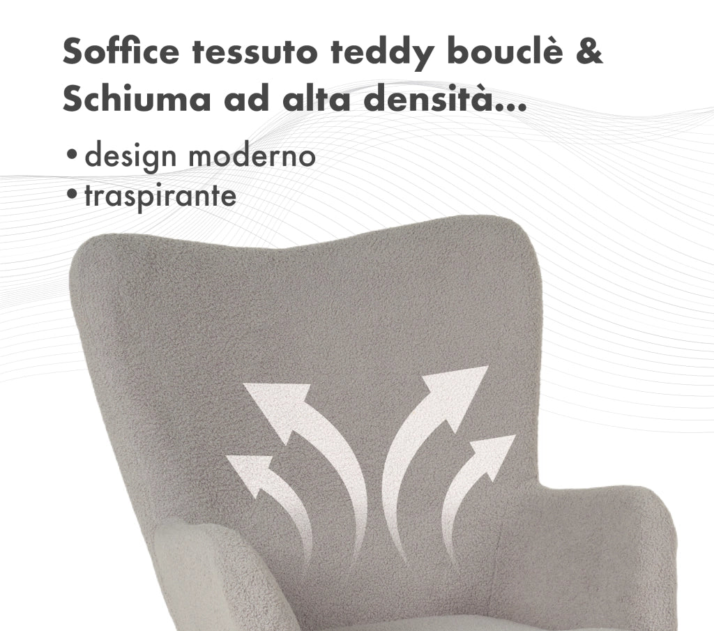Poltrona Imbottita Ergonomica Con Schienale E Braccioli Con Poggiapiedi Contenitore Camera Da Letto Salotto Moderna Pouf Sedia Effetto Teddy Morbida - Grigio